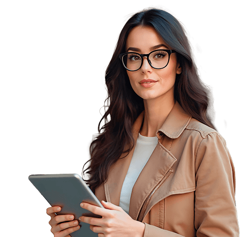 Young woman with wavy brown hair and eyeglasses, wearing a beige jacket and holding a tablet, standing against a blue gradient background.